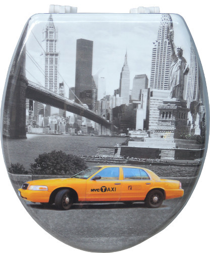 Κάλυμμα τουαλέτας γενικής χρήσης από MDF με θέμα την Νέα Υόρκη (Golden gate, ουρανοξύστες, άγαλμα ελευθερίας, κίτρινο ταξί)
